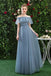 A Line CHiffon Blue Off the Shoulder Prom Dress, Long Ruffles Bridesmaid Dresses PDQ79