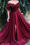 Burgundy Off the Shoulder Maroon A Line Long Tulle Pom Dresses 2022 PDG91