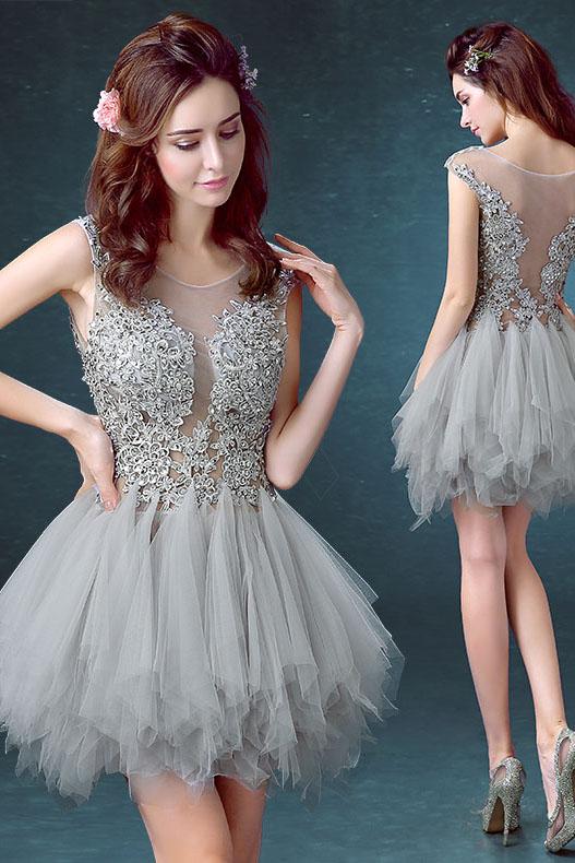 Tulle Scoop Unique Junior Homecoming Dress with appliques,Graduation Dress PDN99