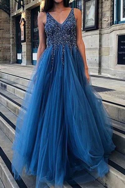 Cheap A Line Tulle Blue V Neck Beaded Long Prom Dresses PDH24