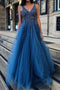 Cheap A Line Tulle Blue V Neck Beaded Long Prom Dresses PDH24