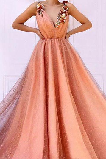 Orange 3D Flowers Long Prom Dresses V-neck Tulle Evening Dress PDO85