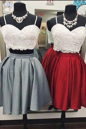 Sexy Two Piece Gray Burgundy Short Homecoming Dresses With Lace Top PDO77