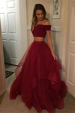 Cheap 2 Pieces Simple Long Burgundy A Line Off The Shoulder Prom Dresses PDE62