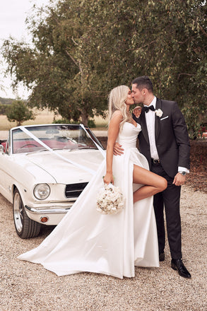 Charming A line Ivory Satin Strapless V Neck Ruffles Wedding Dresses With High Slit OW0030