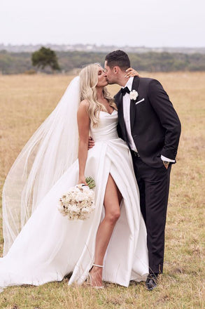 Charming A line Ivory Satin Strapless V Neck Ruffles Wedding Dresses With High Slit OW0030