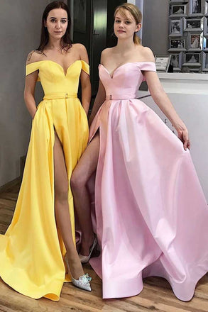 A line Off the Shoulder Sweetheart Simple Satin Prom Dresses with Side Slit OM0080