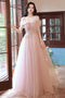 A line Pink Off the Shoulder Tulle Long Prom Dresses, Evening Formal Dresses OM0033