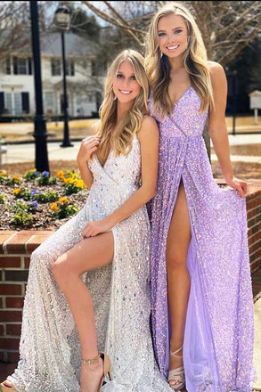 Sexy Sequins Lavender Silver Spaghetti Straps V Neck Prom Dresses with Slit OM0076