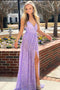 Sexy Sequins Lavender Silver Spaghetti Straps V Neck Prom Dresses with Slit OM0076