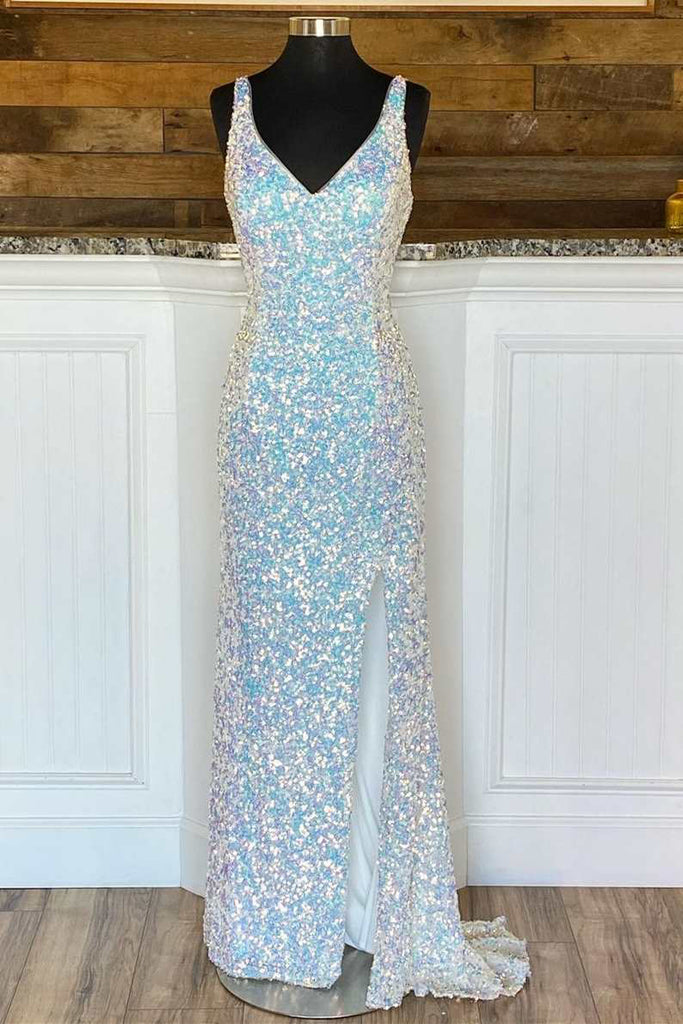 Glitter Sequins White Straps V neck Mermaid Long Prom Dresses with Slit OM0160