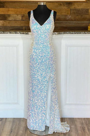 Glitter Sequins White Straps V neck Mermaid Long Prom Dresses with Slit OM0160