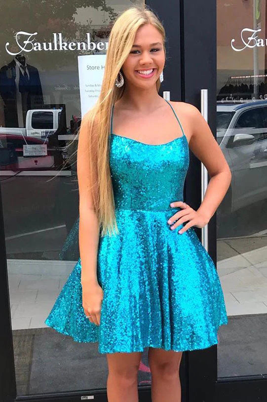 Sparkly Blue A Line Sequins Homecoming Dresses, Criss Cross Back Graduation Dresses OMH0146