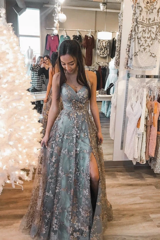 Vintage A line Spaghetti Straps Tulle Prom Dress with Appliques