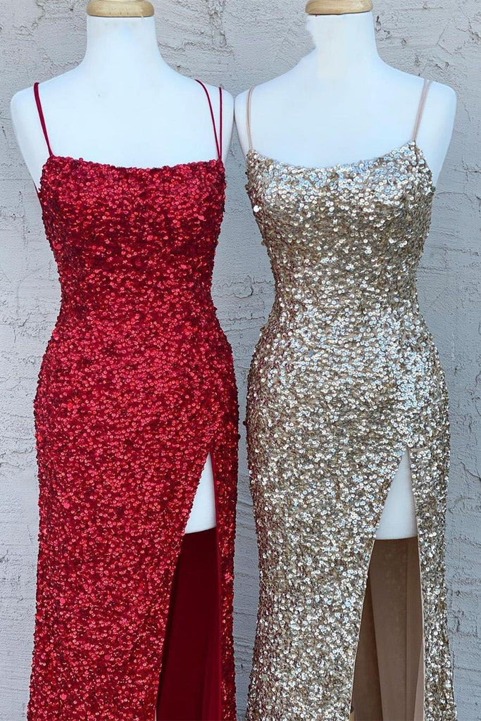 Glitter Spaghetti Straps Sequins Mermaid Prom Dresses, Long Evening Gowns OM0125