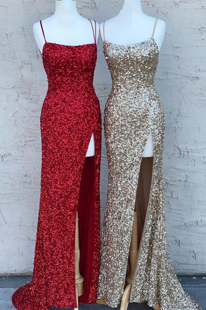 Glitter Spaghetti Straps Sequins Mermaid Prom Dresses, Long Evening Gowns OM0125