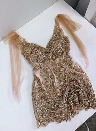 A line V neck Mermaid Sequined Tulle Short Homecoming Dresses, Short Prom Dress OMH0008