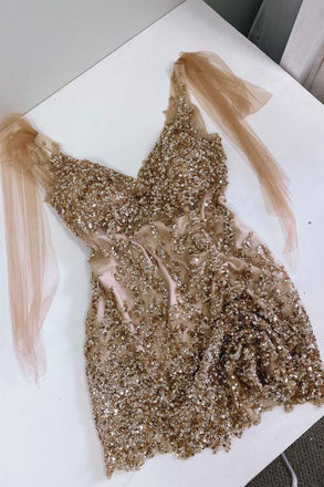 A line V neck Mermaid Sequined Tulle Short Homecoming Dresses, Short Prom Dress OMH0008