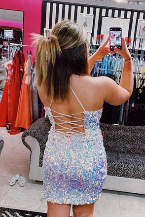 Glitter Spaghetti Straps Sequin Mermaid Short Homecoming Dresses with Slit OMH0029