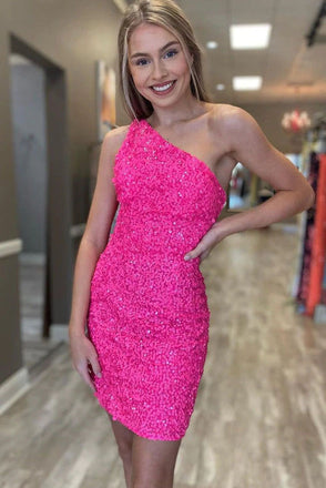Sheath One Shoulder Sequined Hot Pink Short Mini Prom Dresses, Shiny Homecoming Dress OMH0005