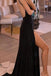 Sexy A line Black V-neck Backless Double Side Slit Long Prom Dresses Formal Dresses OM0150