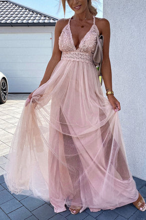 Sexy A line Pink Tulle V Neck Spaghetti Straps Prom Dresses with Lace, Evening Dresses OM0239
