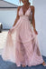 Sexy A line Pink Tulle V Neck Spaghetti Straps Prom Dresses with Lace, Evening Dresses OM0239