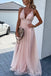 Sexy A line Pink Tulle V Neck Spaghetti Straps Prom Dresses with Lace, Evening Dresses OM0239