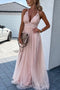 Sexy A line Pink Tulle V Neck Spaghetti Straps Prom Dresses with Lace, Evening Dresses OM0239
