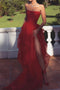 Sexy Strapless Layered Red High Slit Prom Dresses Strapless Layered Red Long Evening Dress OM0148