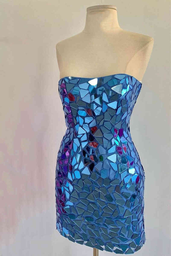 Sexy Sheath Sequins Strapless Sleeveless Homecoming Dresses, Short Prom Dress OMH0172