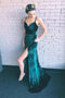 Sheath Emerald Green Spaghetti Straps Long Simple Prom Dresses with Slit PDI61