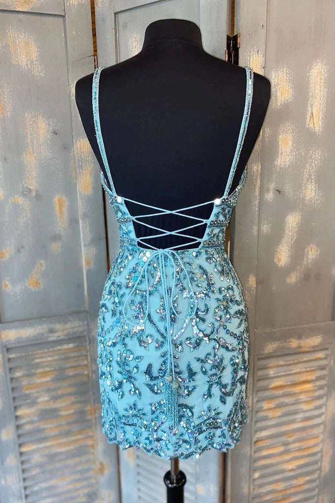 Sheath Blue Sequins V Neck Spaghetti Straps Homecoming Dresses, Mini Cocktail Dress OMH0088