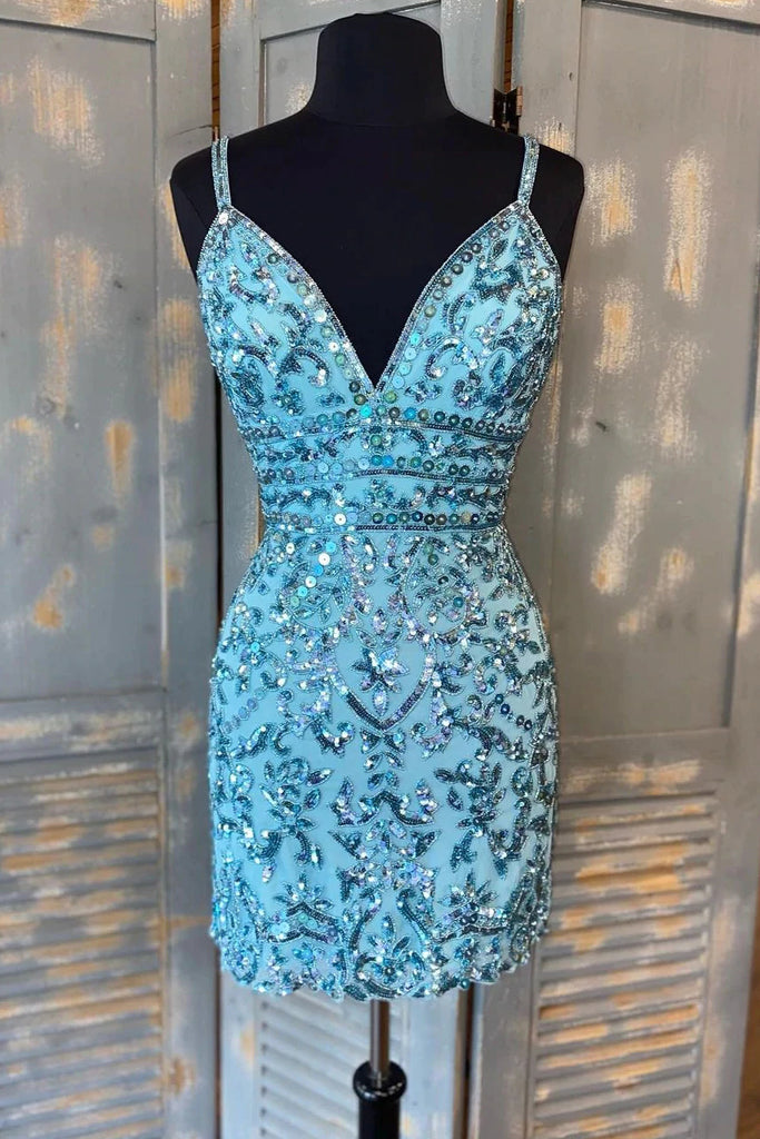 Sheath Blue Sequins V Neck Spaghetti Straps Homecoming Dresses, Mini Cocktail Dress OMH0088