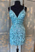 Sheath Blue Sequins V Neck Spaghetti Straps Homecoming Dresses, Mini Cocktail Dress OMH0088