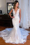 Elegant Mermaid Ivory V Neck Straps Backless Wedding Dresses With Lace Appliques OW0135