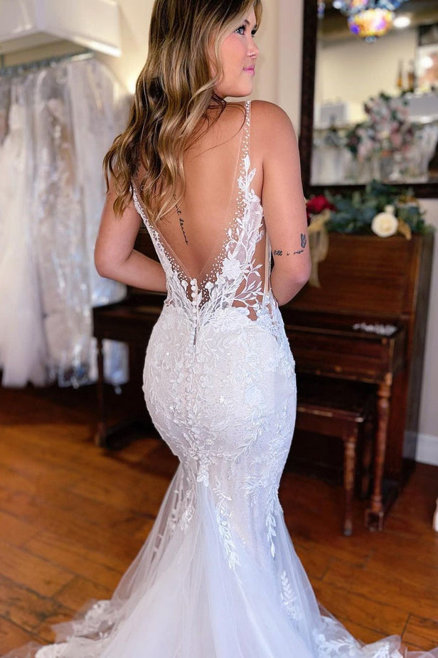 Elegant Mermaid Ivory V Neck Straps Backless Wedding Dresses With Lace Appliques OW0135