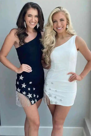 Sheath One Shoulder Mini Dress With Tassels, Short Bodycon Homecoming Dress OMH0229