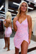 Pink Sequins V Neck Spaghetti Straps Cocktail Dress with Slit, Homecoming Dresses OMH0222