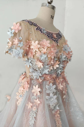 A Line Short Sleeves Beads Tulle Short Prom Dress, Homecoming Dress with Flowers OMH0257