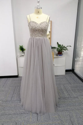 Silver Spaghetti Straps Beaded Bodice Tulle A Line Prom Dresses PDS82