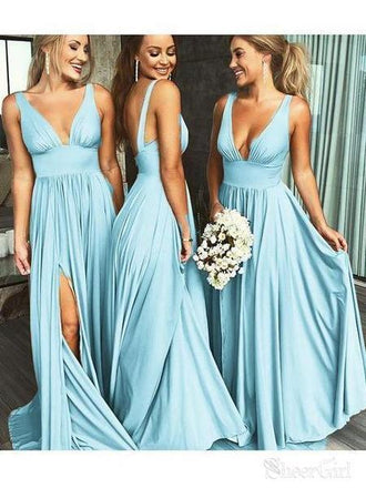 Burgundy A Line Deep V Neck Cheap Bridesmaid Dresses For Wedding PDI92