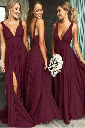 Burgundy A Line Deep V Neck Cheap Bridesmaid Dresses For Wedding PDI92