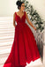 Simple Broad Straps Red Long Prom Dresses with Pocket V Neck Cheap Formal Dress PDI9