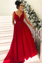 Simple Broad Straps Red Long Prom Dresses with Pocket V Neck Cheap Formal Dress PDI9