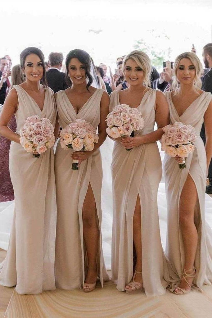 Simple Sheath Long Bridesmaid Dresses with Slit, Wedding Party Dress PDO22