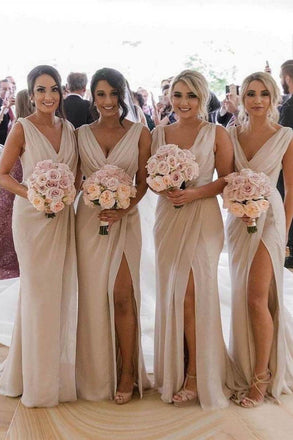 Simple Sheath Long Bridesmaid Dresses with Slit, Wedding Party Dress PDO22