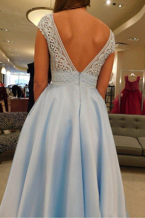 Simple V-Neck A Line Lace Cap Sleeves Sky Blue Prom Dresses for Junior PDS79