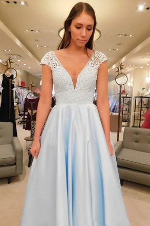 Simple V-Neck A Line Lace Cap Sleeves Sky Blue Prom Dresses for Junior PDS79