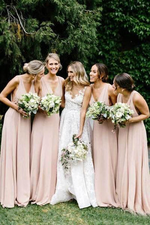 Simple V Neck Light Pink Bridesmaid Dresses Long Chiffon Maxi Dress PDO19